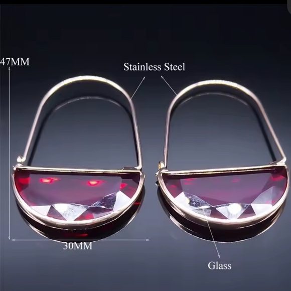 Red Crescent Glass Closed Hoops Earrings - Picture 9 of 11